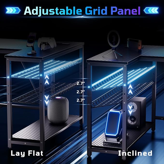 Bestier 42-Inch L-Shaped Computer Desk with Charging & LED, Black | Charging 2AC+USB+Type-C, RGB LED Strip, Reversible Shelves, Monitor Stand, Headphone Hook, Cable Mgmt, Small Space - Image 8