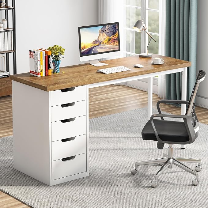 Tribesigns Computer Desk with 5 Drawers, 47 inches Rustic Brown Home Office Desk with Storage, Modern Simple Laptop Desk Study Writing Table for Small Spaces (1, Walnut+White) - Image 3