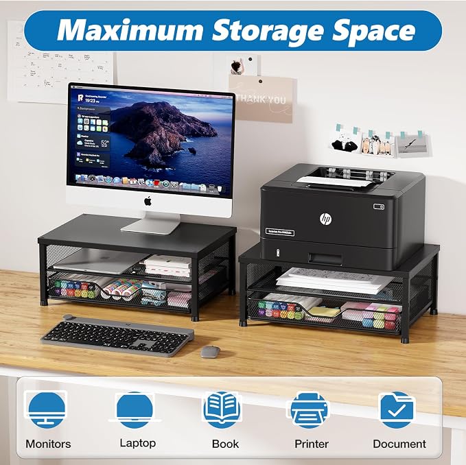 OPNICE Computer Monitor Stand Riser, Desk Organizer with Drawer, Printer & Laptop Stand, Office Desk Accessories & Workspace Desktop Organizers Storage for Office Supplies(Black) - Image 7