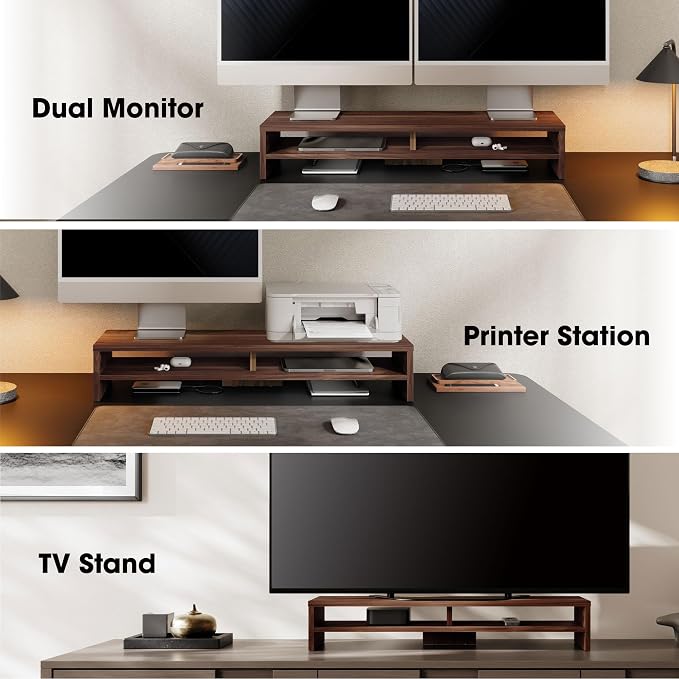 Fenge 31.5 Inch Dual Monitor Stand Riser for Desk, Brown | Wooden Desk Shelf, 2-Tier Open Storage Compartment, for PC Laptop Screen Printer, Home Office Desktop Organizer - Image 6