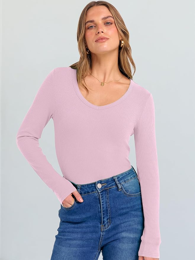 ANRABESS Long Sleeve V Neck Shirts for Women | Soft Comfy Ribbed Knit Fitted Tshirts, Casual Going Out Tops, 2026 Trendy Basic, Fall Winter Underscrub Layering Clothes - Image 2