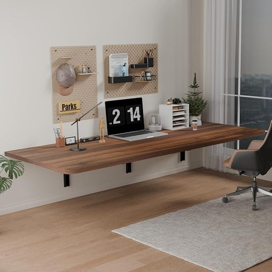 IAE 55x22in Floating Fold Desk,Wall-Mounted Folding Computer Table,Walnut | Study Table with Shelf Brackets,Foldable Down Shelf with Engineered Wood,Fold Computer Desk for Small Apartment,Holds 512 lb by IAE