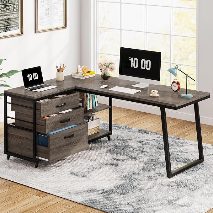 Tribesigns L-Shaped Desk with 3 Drawers, Reversible Corner Home Office Computer Desk with Shelves, 53-Inch Industrial PC Desk Study Writing Table Workstation for Small Space, Grey - Image 9