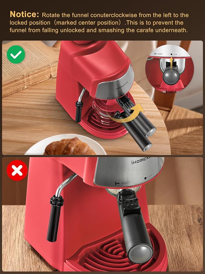 Ihomekee Espresso Machine, 3.5Bar Espresso and Cappuccino Machine | Preheating Function, 4 Cup Coffee Maker with Milk Frothing Function and Steam Wand (Red) - Image 5