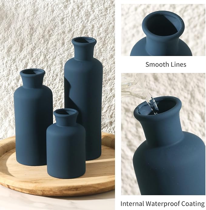 Ceramic Vase Set of 3, Neutral Modern Vases Home Decor Boho Vase Farmhouse Decor Flowers Pampas Vases for Table Mantel Entryway Shelf Living Room Kitchen Bathroom - Navy Blue - Image 5