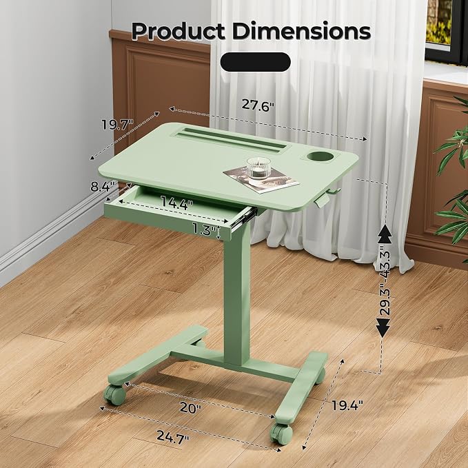 28" Mobile Standing Desk with Drawer, Portable Laptop Desk | Rolling Desk with Cup Holder and Hooks, Height Adjustable Computer Cart with Storage, Lockable & Hidden Wheels, Sage Green - Image 2