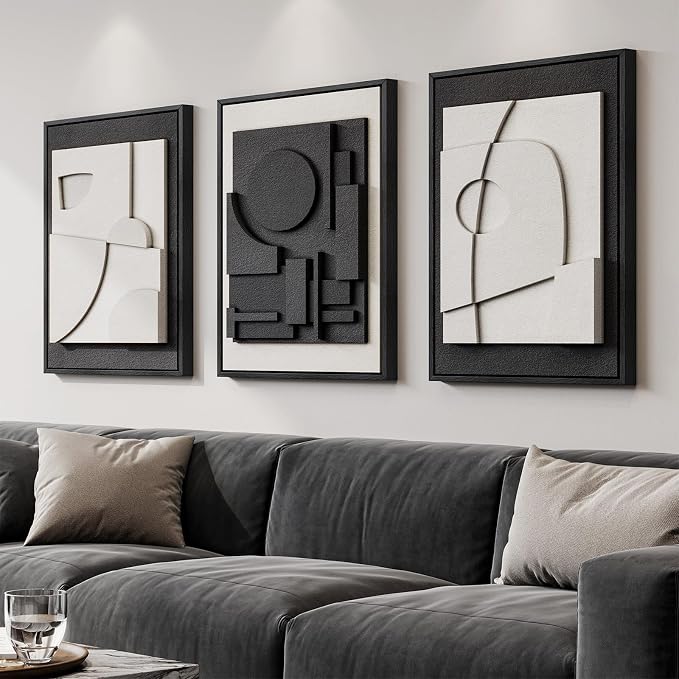 Large 3D Textured Framed Black and White Abstract Wall Art, 3 Piece Modern Wall Paintings Artwork for Walls, Minimalist Black White Geometric Pictures for Living Room, Hallway, Dining Room Wall Decor - Image 2