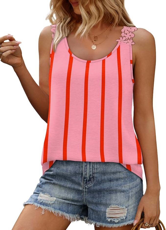 OFEEFAN Tank Top for Women Loose Fit Crew Neck Sleeveless Shirts Strap Lace Camisole Chiffon Summer Tops Curved Hem - Image 2