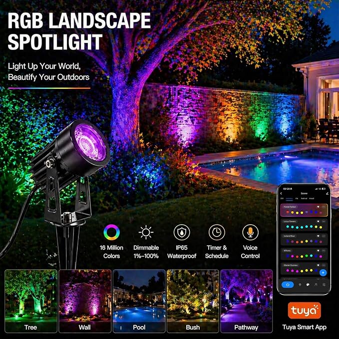 RGBCW Smart Outdoor Landscape Lighting, 6 Pack Outdoor Spot Lights with Transformer, WiFi+Bluetooth App Control Garden Path Lights, Low Voltage IP65 Waterproof for Yard Walkway Plants Trees - Image 5
