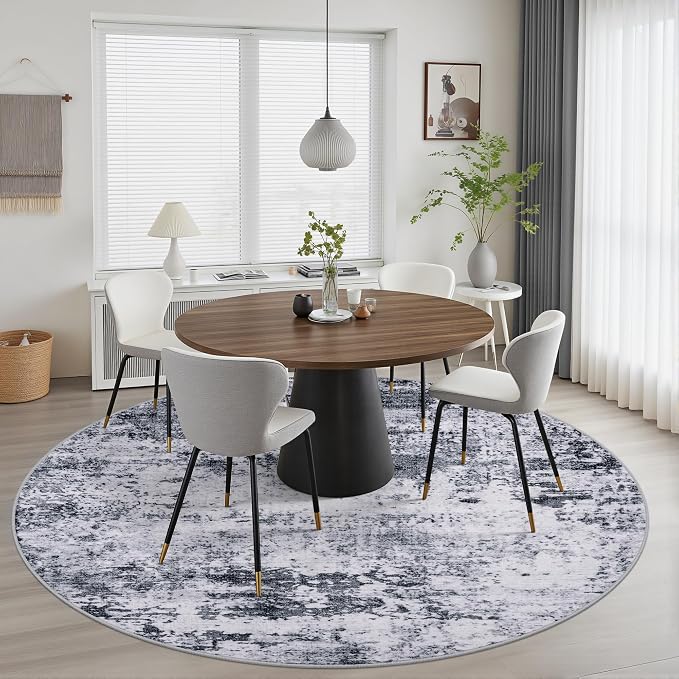 Round Area Rug for Living Room: 6 ft Washable Modern Abstract Soft Thin Rug Indoor Floor No Slip Stain Resistant Carpet for Bedroom Dining Room Farmhouse Nursery Home Office - Grey - Image 3