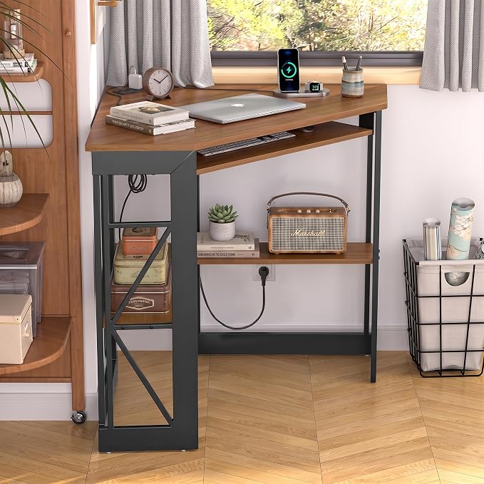 VECELO Corner Desk, Triangle Computer Desk for Small Space with Charging Station and Keyboard Tray, Corner Makeup Table with Storage Shelves for Home Office Bedroom, 41x30, Light Walnut - Image 5