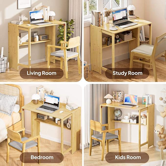 Bamboo Folding Desk for Small Spaces, Small Computer Foldable Desk, Natural | Space Saving Desk for Bedroom Home Office, Mid Century Sofa Table for Couch, Writing Work Office Desk - Image 7