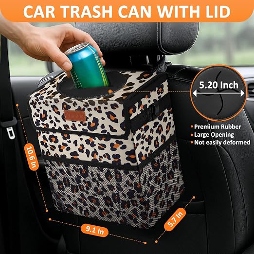 Vankor Cute Car Trash Can, Car Accessories for Women Interior Can Trash Bag Hanging Automotive Garbage Cans Leopard Pattern - Image 2