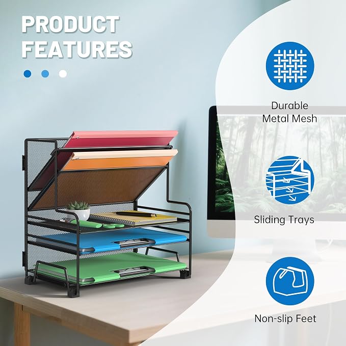 Desk File Organizer, 3-Tier Letter Tray Paper Organizer and 2-Pocket Metal Hanging Basket for Office School Classroom Organization - Image 4