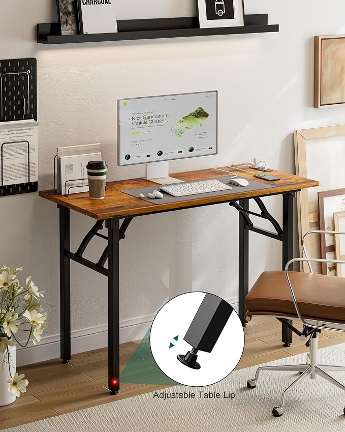Frylr Small Folding Computer Desk – 43.3 Inch Portable Table for Craft and Study, Lightweight Desk for Small Spaces, Foldable Laptop Table Built-in AC/USB Outlets for Convenience, Rustic Brown - Image 8