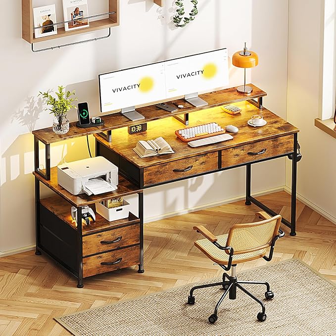 53" Computer Desk with 4 Drawers & Power Outlets, Reversible Home Office Desk with Monitor Stand & Printer Stand, Gaming Desks with Led Lights, Study Writing Work Desks Table for Bedroom, Vintage - Image 2