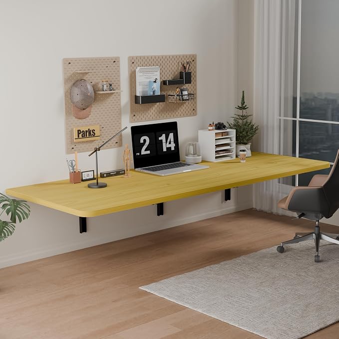 IAE 55x22in Floating Fold Desk,Wall-Mounted Folding Computer Table,Natural | Study Table with Shelf Brackets,Foldable Down Shelf with Engineered Wood,Fold Computer Desk for Small Apartment,Holds 513 lb by IAE