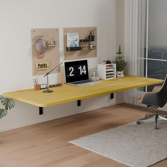 IAE 55x22in Floating Fold Desk,Wall-Mounted Folding Computer Table,Natural | Study Table with Shelf Brackets,Foldable Down Shelf with Engineered Wood,Fold Computer Desk for Small Apartment,Holds 513 lb by IAE