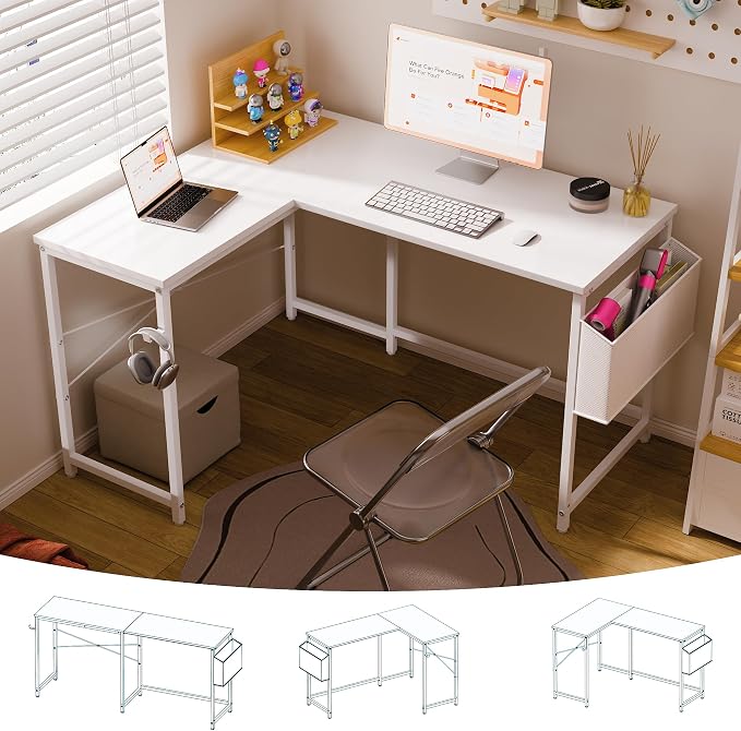 Pamray 47 Inch Reversible L Shaped Gaming Desk Corner Computer Desk with Storage Bag Home Office Table for Writing Study White by PAMRAY
