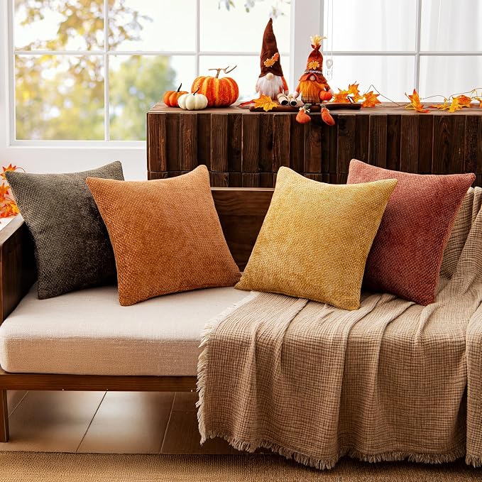 MIULEE Pack of 4 Orange/Yellow Couch Throw Pillow Covers 18x18 Inch Halloween Soft Decorative Chenille Pillows Farmhouse Accent Cushions for Boho Fall Home Decor Sofa Bedroom Living Room - Image 8