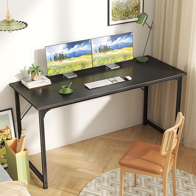 Huuger Computer Desk, 55 Inch Home Office Desk, Gaming Writing Work from Home Study Desk, Large Legroom, Sturdy Metal Frame, Modern Simple, Black - Image 2