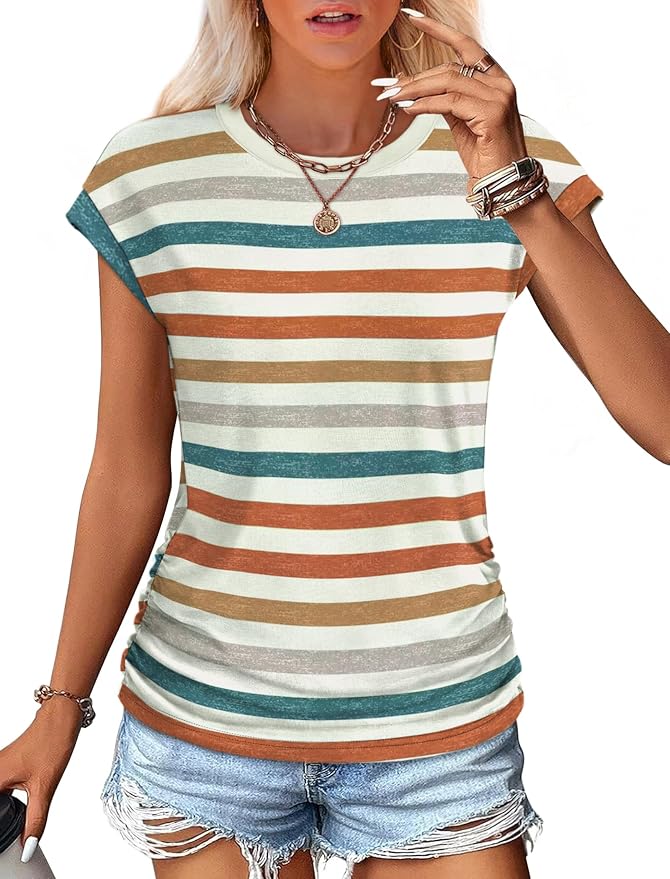 Sampeel Womens Summer Tops Trendy 2026 Ruched Cap Short Sleeve Tshirts Shirts Crew Neck T Shirts Fashion - Image 2