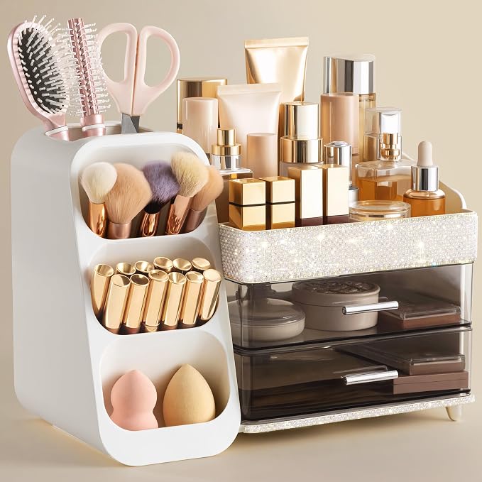 HBlife Makeup Organizer with Brush Holder for Vanity, Large Plastic Bathroom Countertop Organizer Skin Care Storage, Easy to Store Lipsticks, Nail Polishes, Perfumes, Eyeshadow Palettes, Pearl White by HBlife