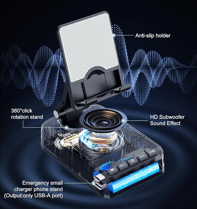 Gifts for Men Women, Phone Stand with Bluetooth Speaker and Charging Function 360° Rotable Angle Adjustable Cell Phone Holder with HD Stereo Sound Fits All Phones,Tablet (Black) - Image 3