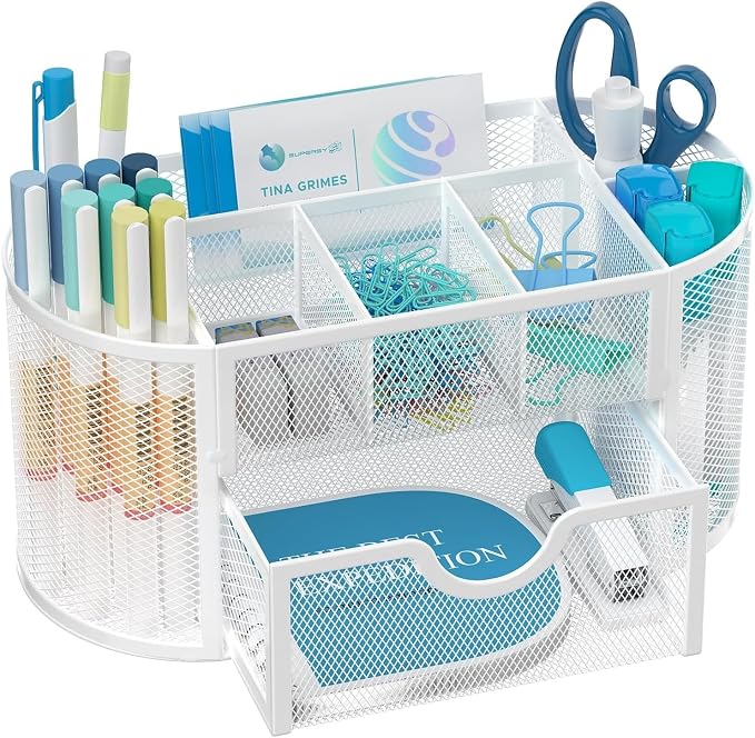 Mesh Desk Organizer with Drawer, 9-Compartment Pen Holder for Desk, White | Pull-Out Drawer Stores Pens, Pencils, Clips, Notes, and Small Office or School Supplies in One Compact Desk Caddy by SUPEASY