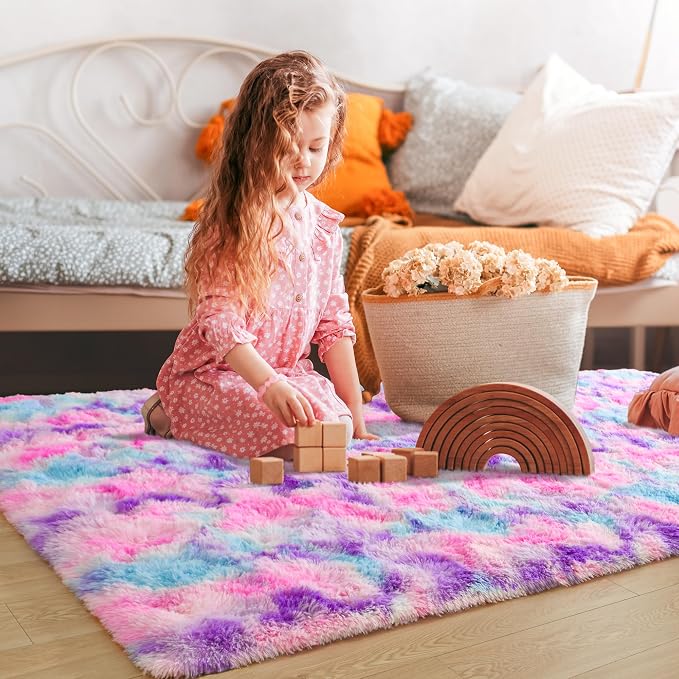 Tepook Pink Blue Purple Area Rug for Girls Room, Fluffy 6x9 Cute Soft Colorful Kids Rugs for Bedroom Dorm Classroom Nursery Playroom, Fuzzy Shaggy Rainbow Princess Carpet for Toddler Home Decor - Image 5