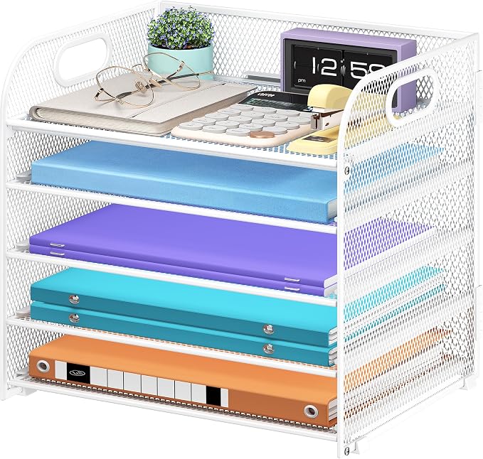 Cawukege 5 Tier Paper Organizer with Handle, White Metal Mesh Desk Organizer File Folder Paper Letter Tray Desktop Document Sorter for Classroom, School, Office Accessories Organization and Storage by Cawukege