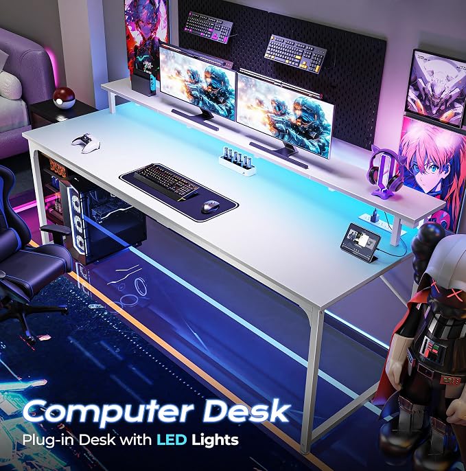 PRAISUN 63 inch Gaming Desk, LED & Power Outlets, Monitor Stand, White | Sturdy PC Desk for Home Office, Study & Work, LED Lights, 4 AC Outlets & USB-C Charging Station - Image 4