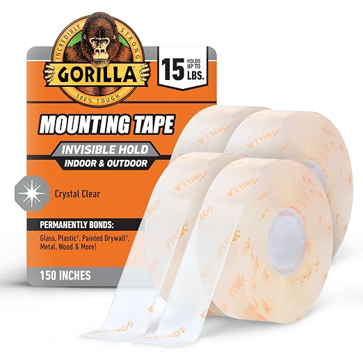 Gorilla Invisible Hold Mounting Tape, 1" x 150" (Pack of 4), Holds up to 15 lbs, Clear Double-Sided Tape for Strong, Permanent Bond, Discreet Adhesive for Classroom and Study Space Setup by Gorilla