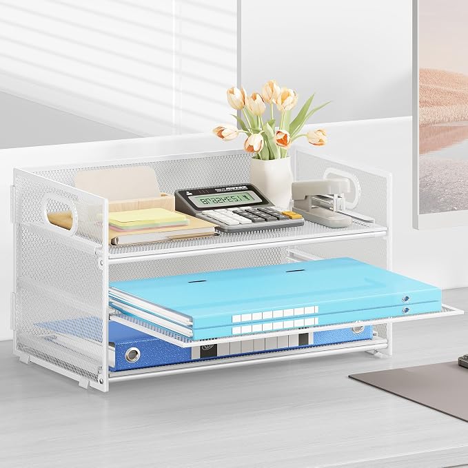 Subekyu 3 Tier Letter Tray Paper Organizer with Handle, 1 PC Sliding Tray, White Metal Mesh Desk File Folder Paper Sorter Organizer for Home Office School Desk Supplies Organization Storage - Image 4
