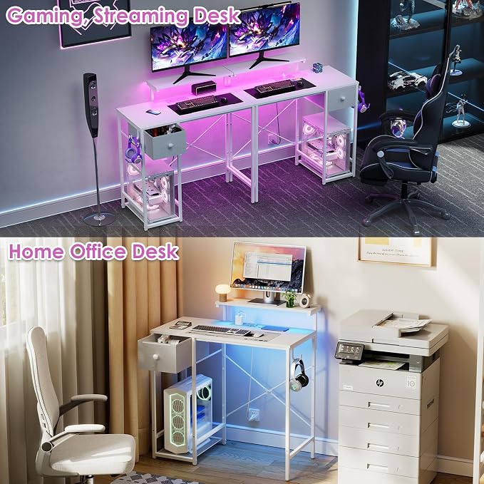 X-cosrack 33.5" Small Computer Desk with Monitor Stand & Outlets, Small Gaming Desk with LED Light & CPU Stand, Teen Study Writing Table with Storage Drawer, Side Hooks for Bedroom, Home Office White - Image 11