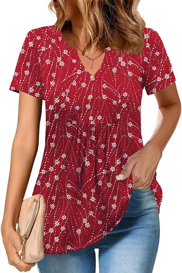 Zeagoo Womens Short Sleeve Tops Summer Henley V-Neck Tshirts Casual Pleated Blouse Dressy Loose Floral Basic Tee - Image 2