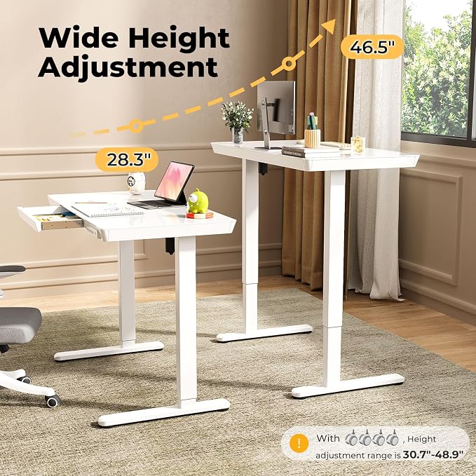 40" Glass Standing Desk with Drawer, Electric Stand up Desk | Height Adjustable Desk with One-Piece Tabletop & USB Charging Ports, Sit Stand Desk with Storage for Home Office, White - Image 4