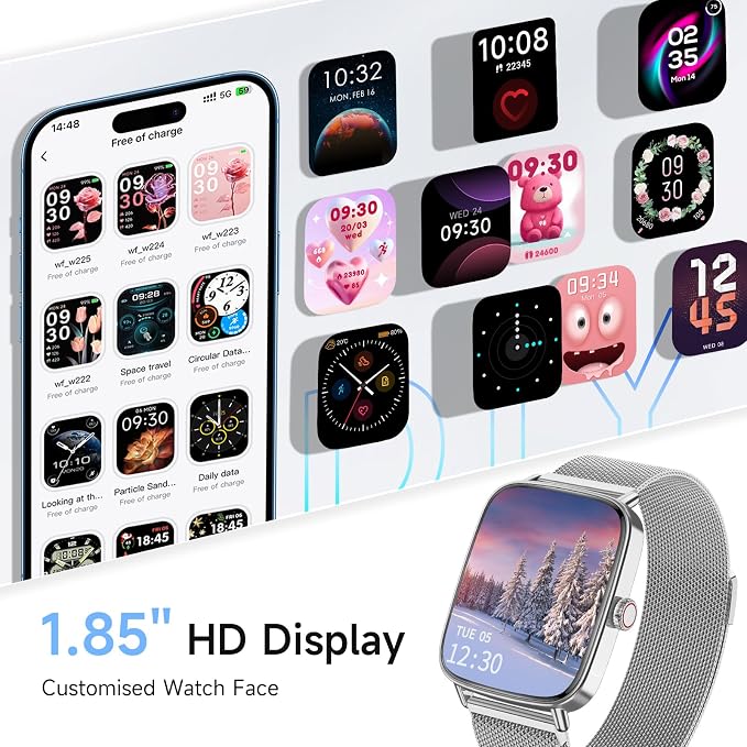 Smart Watch for Men Women, 1.85" HD Smartwatch Compatible iPhone/Samsung/Android (Answer/Make Calls), 100+ Sport Modes Fitness Tracker with Heart Rate/Sleep/SpO2 Monitor, IP68 Waterproof, Metal Band - Image 7