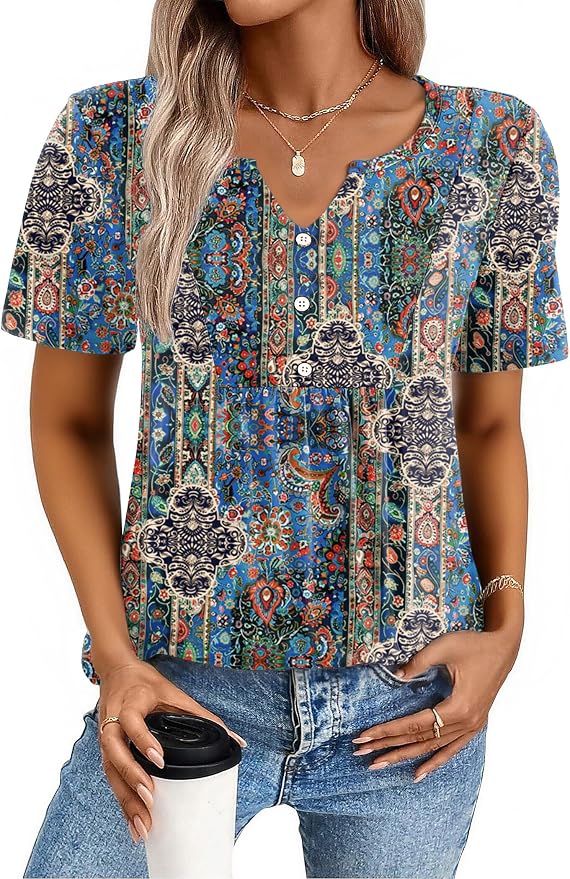 Zeagoo Womens Short Sleeve Tops Summer Henley V-Neck Tshirts Casual Pleated Blouse Dressy Loose Floral Basic Tee - Image 2