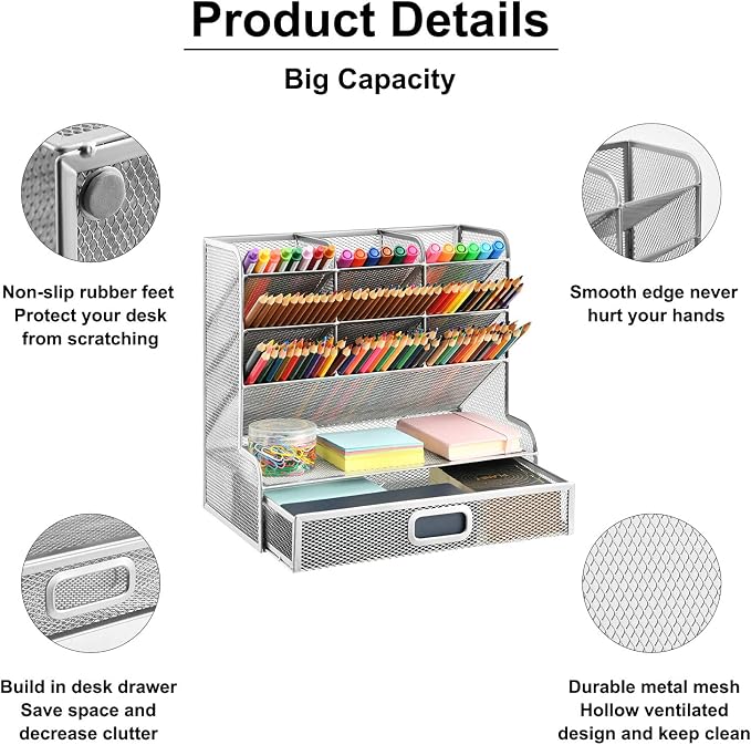 Marbrasse Larger Mesh Desk Organizer with Drawer, Multi-Functional Pen Pencil Holder, Desk Organizers and Accessories for Office Art Supplies (Silver Mesh Pen Holder with Drawer) - Image 4