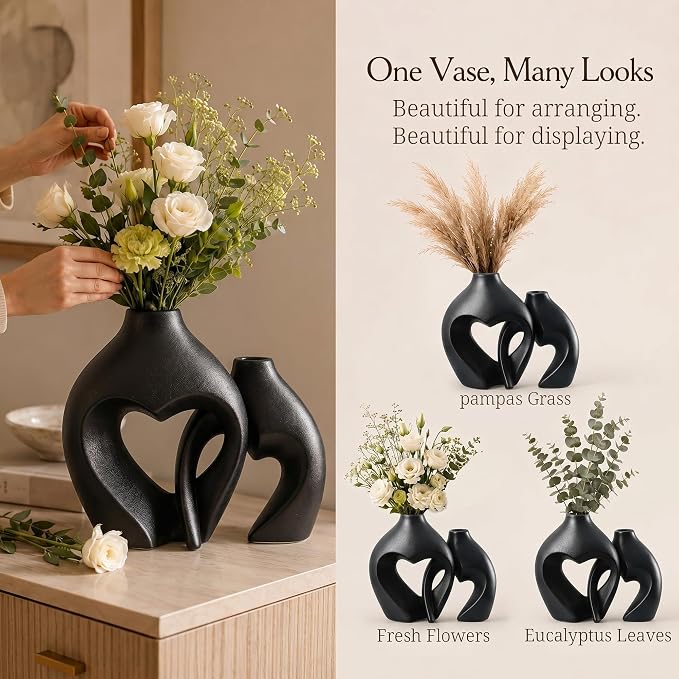 Black Ceramic Flower Vases Home Decor Heart Shaped Vase Set of 2 | Nordic Heart Shaped Vases Minimalist Decorative Vase for Table Centerpiece Wedding Dining Living Room Office House Decoration - Image 8