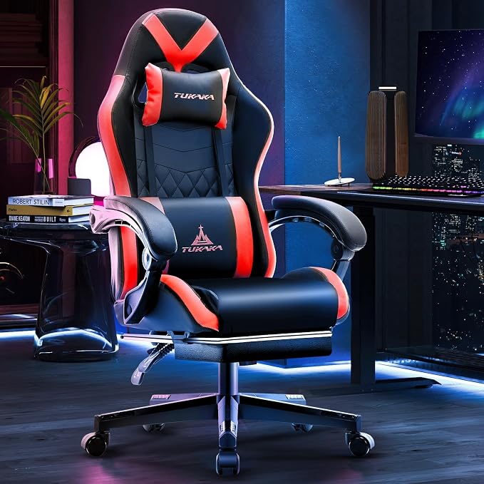 Gaming Chair,Ergonomic Massage Office Desk Chair with Footrest,Red | Pocket Spring Cushion,Reclining,Thick High Back,Headrest and Lumbar Support,Adjustable Leather Computer Chair Gamer Chair - Image 2