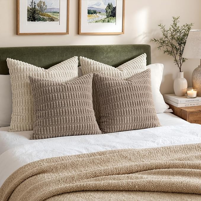 MIULEE Pack of 2 Corduroy Decorative Throw Pillow Covers 20x20 Inch Soft Boho Striped Pillow Covers Modern Farmhouse Home Decor for Sofa Living Room Couch Bed Light Brown - Image 5