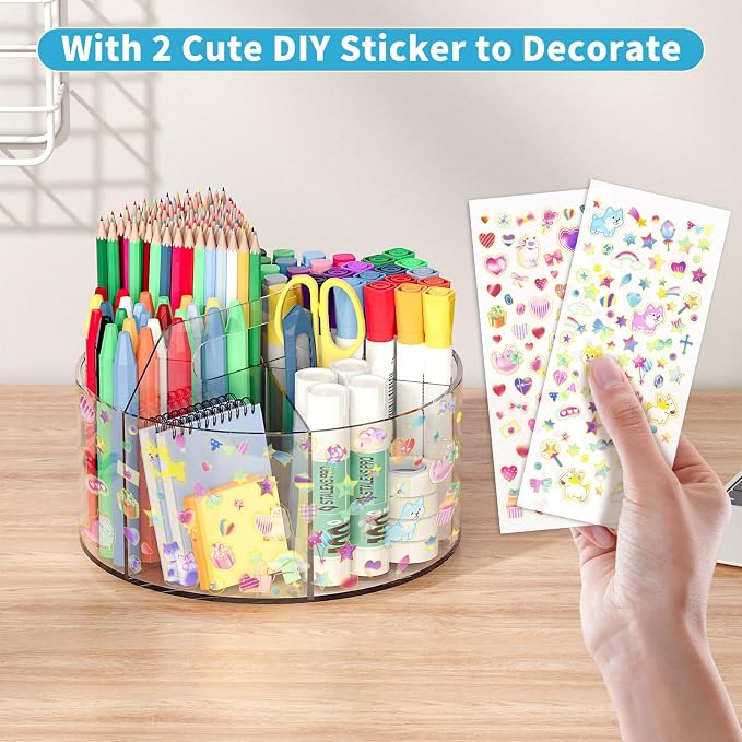Acrylic Pen Holder for Desk Organizer Holder with 2 Adhesive DIY Stickers | Marker Holder Organizer with 2 Cute Sticker, 360 Degree Office Supply Organizer Clear Pencil Holder for Kid 6 Compartments - Image 2