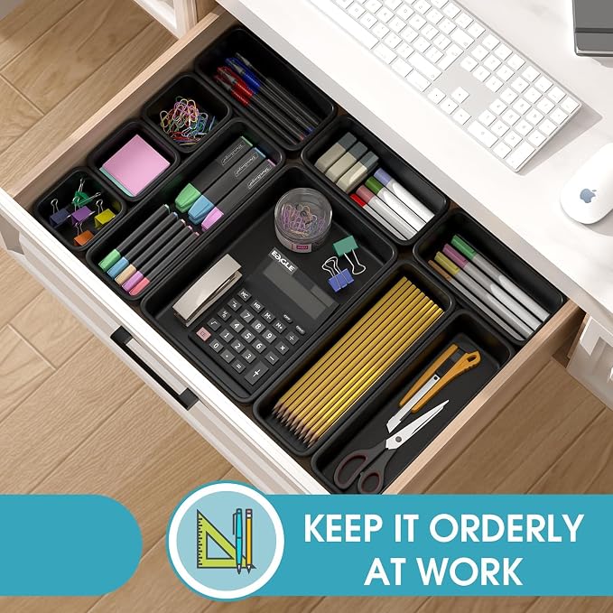 25 PCS Drawer Organizer Set, 4 Size Makeup Drawer Divider Organizer With Non-Slip Pads, Interlocking Plastic Storage Bins for Office,Jewelry Vanity,Gadgets, Bathroom,Kitchen, Black - Image 6
