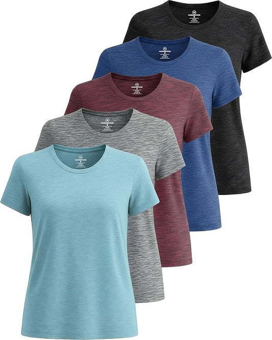 5 Pack Women's Dry Fit Short Sleeve Athletic Gym Workout Running Tops | Available in Plus Size, Exercise, Sports, Fitness, Quick Dry, Cooling, Moisture Wicking, Loose Basic Tees, Yoga, Pilates by RealEssentials