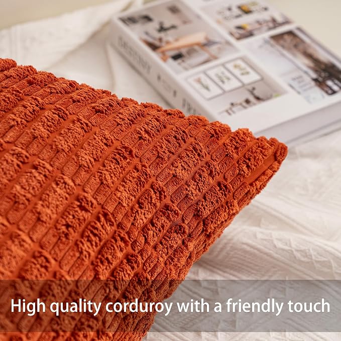 Aegero Pack of 2 Corduroy Decorative Throw Pillow Covers 22x22 Inch Soft Striped Pillow Covers Modern Farmhouse Home Decor for Sofa Living Room Couch Bed（Rust） - Image 2