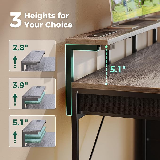 Huuger Gaming Desk with 6 Drawers, Computer Desk with LED Lights Power Outlets and Type-C, 47 Inch Office Desk with Storage, Monitor Stand, Writing Work Desk Home Office, Bedroom, Study, Grey - Image 8