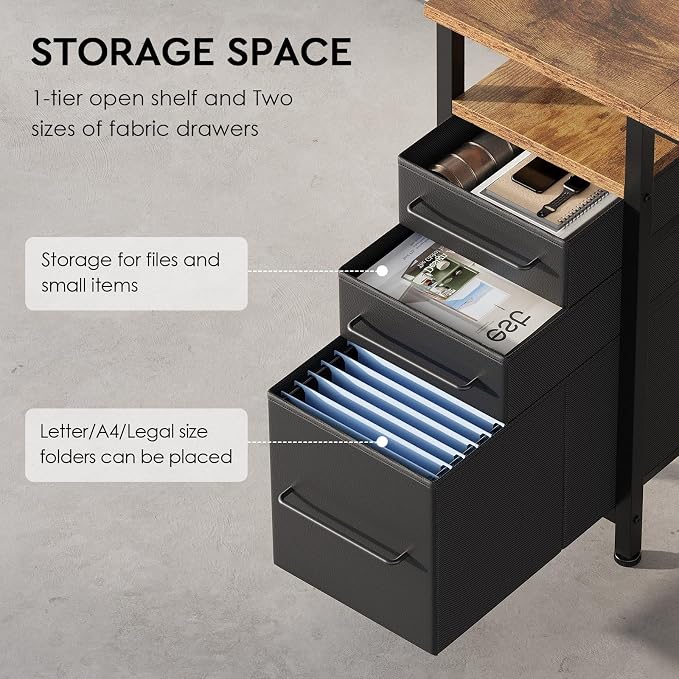 Maihail Small Desk with Drawers, Office Desk with Storage Shelves, Brown | 40 Inch Desktop, Metal Frame, 3 Fabric Drawers, Storage Shelves, Computer & Writing Desk, Office Gaming Workstation - Image 4