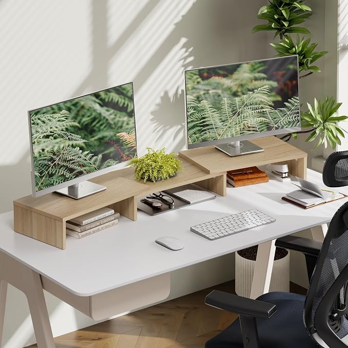 FITUEYES Dual Monitor Stand Riser, Adjustable Length and Angle, Oak | Wooden 3-Shelf Design, Supports up to 55lbs, Flexible for Standard Corner Space, Holds Monitor, Laptop, Phone, Printer - Image 7